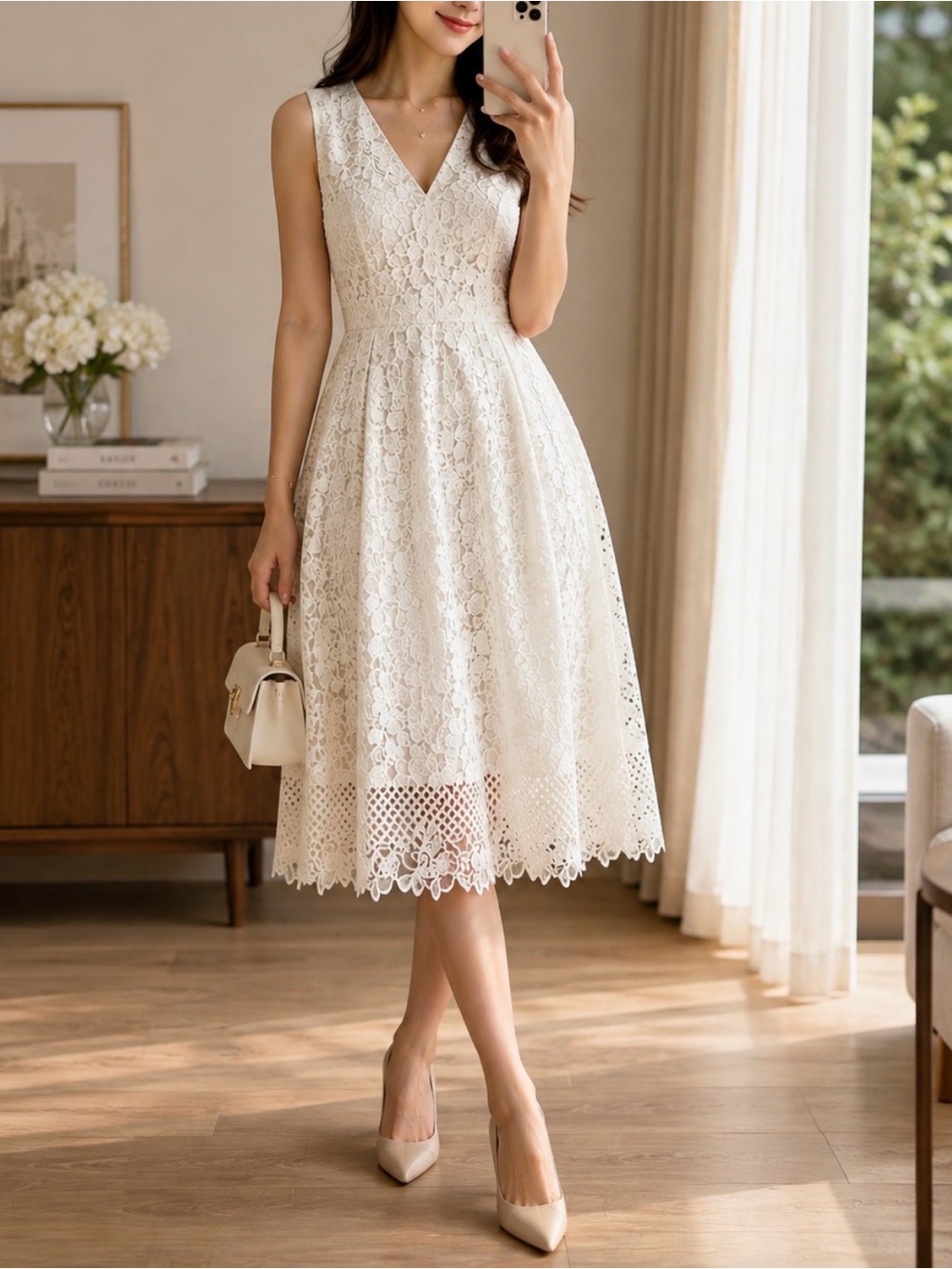 Ann Taylor White Lace Fit-and-Flare Dress